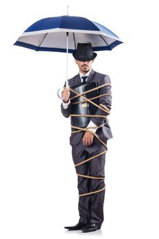 Businessman tied up with rope