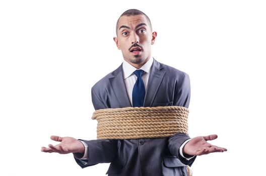 Businessman tied up with rope