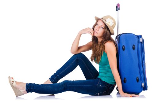 young girl with suitcase on white