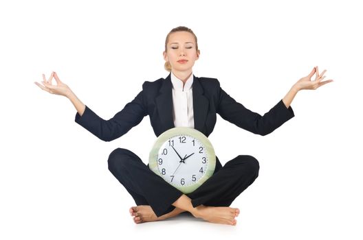 Woman with clock on white