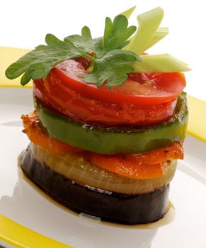 Ratatouille with Eggplant, Carrot, Onion, Bell Pepper and Tomato decorated Parsley and Leek closeup on Yellow plate 