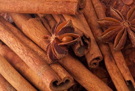 Background of Cinnamon Sticks and Anise closeup