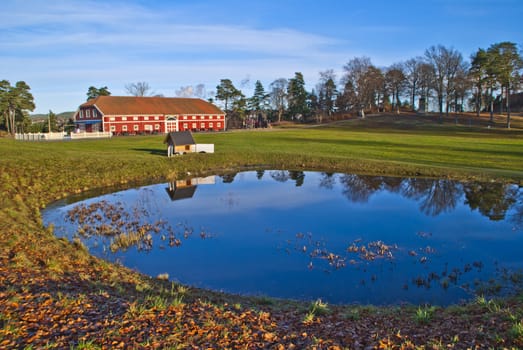 image is shot in november 2012 and shows duck pond where they have built a small house for the ducks, the big house behind is fredriksten kro and on a small hill on the right side is it erected a monument that shows where karl XII was shot, december 11, 1718