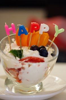 dessert with candles with the words "Happy"