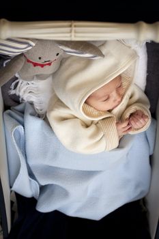 Newborn tucked into a baby stroller with a rabbit soft toy, warm and cuddly with a cardigan with a hood 
