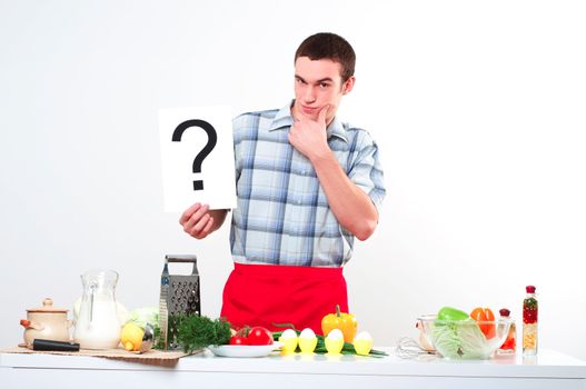 Chef holding a plate with an inscription question mark