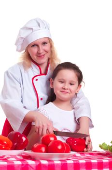 Mother and daughter cooking dinner, white backgroung