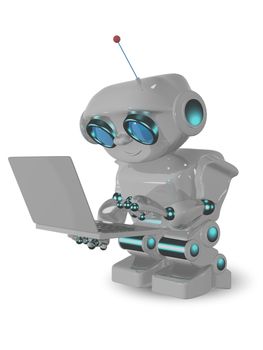 3d illustration robot and laptop on a white background