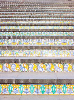 Closeup of stairs in historic Sicilian city of Caltagirone. Each step is covered with a different designed tile, all handpainted