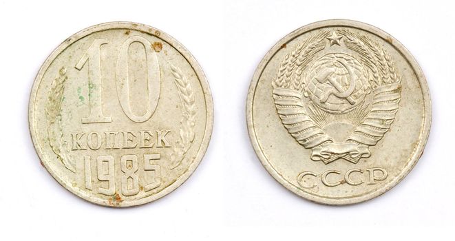 Old Soviet money isolated. 10 Kopeks coin 1985