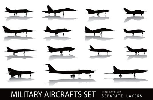 High detailed soviet military aircrafts and weapon set. Vector silhouettes