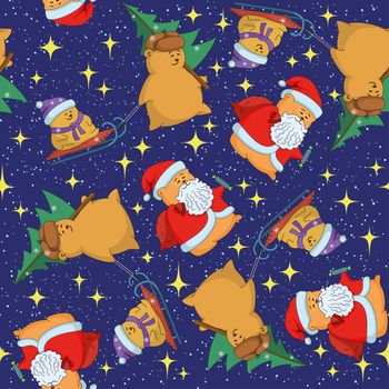 Christmas cartoon seamless background for holiday design with toys characters
