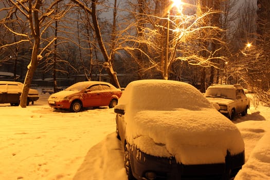 cars under snow in night