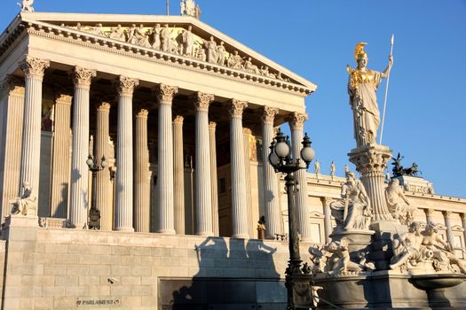 The Austrian Parliament and Athena Fountain in Vienna, Austria