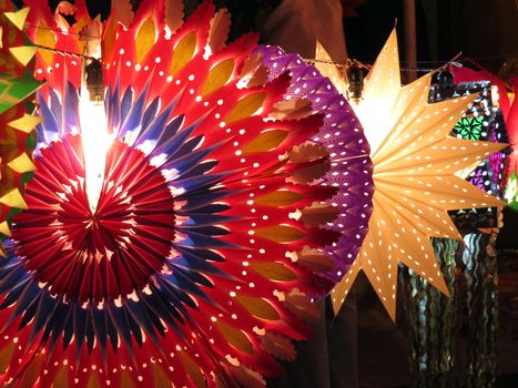 Colorful traditional lanterns lit up on the occassion of Diwali / Christmas festival in India.