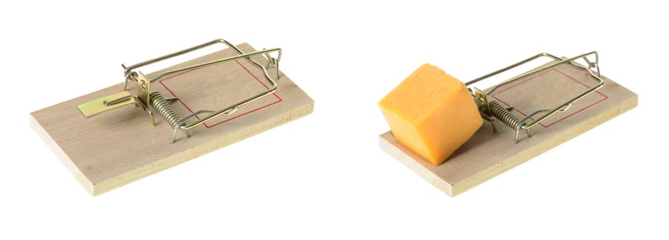 An empty mousetrap and a set mousetrap with a cube of cheddar cheese, isolated on a white background.