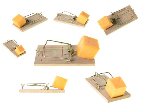 A collection of set mousetraps at different angles, isolated on a white background.