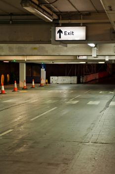 exit sign at an underground parking in the UK