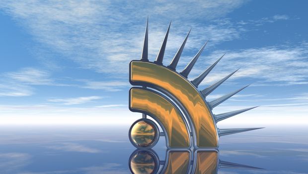 rss symbol with prickles under cloudy blue sky - 3d illustration