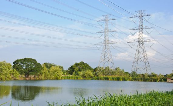 high voltage tower side of the pond., Lumlukga, Patumthani