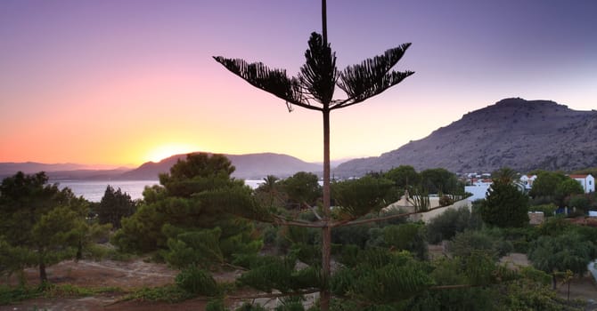 Sunset at Pefkos beach Rhodes Island in Greece