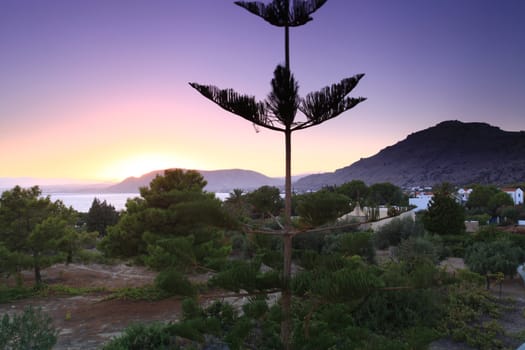 Sunset at Pefkos beach Rhodes Island in Greece