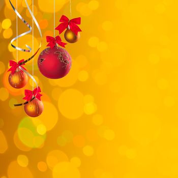 Christmas golden background with balls on ribbon and festive, holiday card