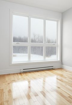 Winter landscape seen through the big window of an empty room.