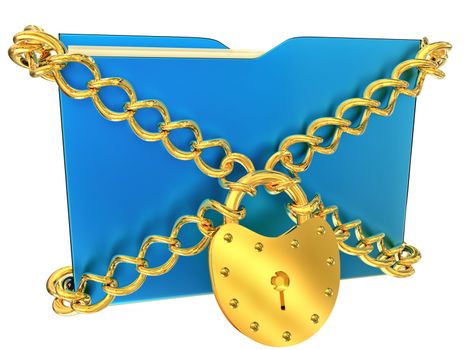 in blue folder with golden hinged lock and chains, stores important information