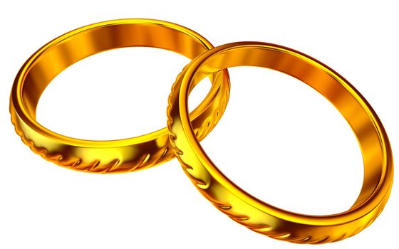 stylish set of golden wedding rings on white background