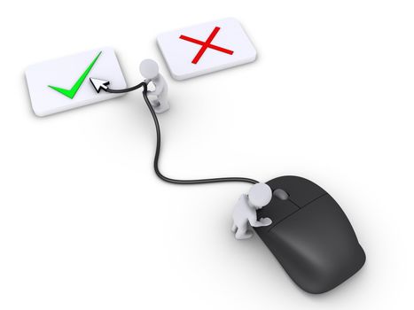 Two 3d persons are using mouse to select the right choice