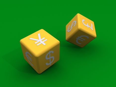 3d dice with currency symbols are tossed
