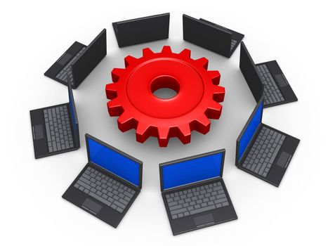 3d laptops around a cogwheel as network for common goal