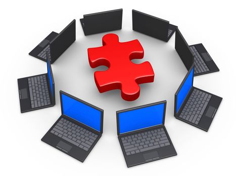 3d laptops around a puzzle piece as network for solution concept