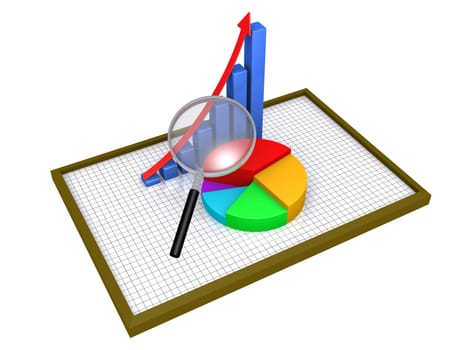 3d graphic charts on a board as statistics and a magnifier