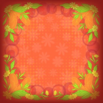 Abstract floral background: leaves, flowers, feathers and circles on red