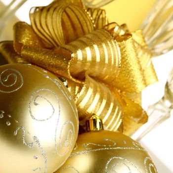 holiday card golden champagne and gift