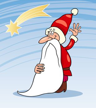 Cartoon Illustration of Funny Santa Claus or Papa Noel with Christmas Star