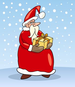 Cartoon Illustration of Funny Santa Claus or Papa Noel with Christmas Present and Gift