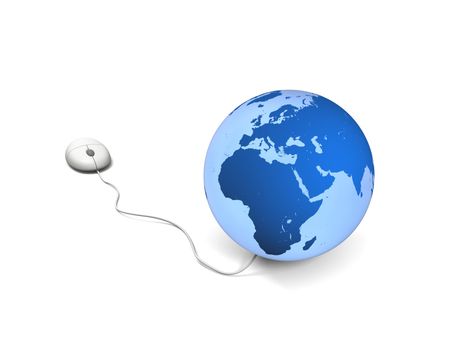 Illustration of wired computer mouse connected to planet Earth isolated on white background, concept of internet and connectivity. Elements of this image furnished by NASA