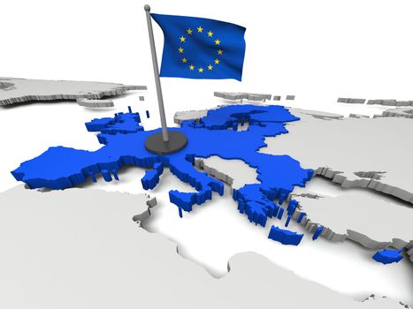 3D map of European Union with flag and EU countries highlighted in blue. Elements of this image furnished by NASA