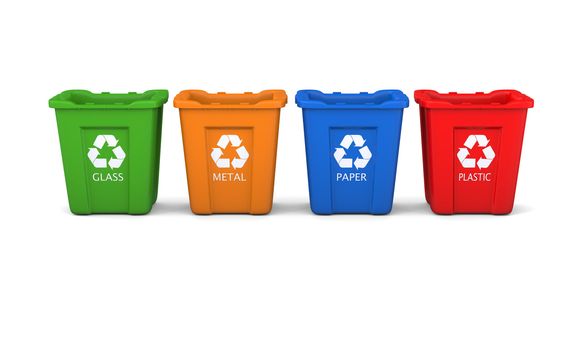 Set of four colored recycle bins isolated on white background