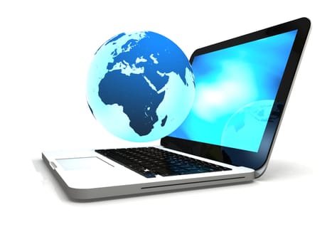 Illustration of blue Earth floating above laptop computer, concept of world wide web and portability, isolated on white background. Elements of this image furnished by NASA