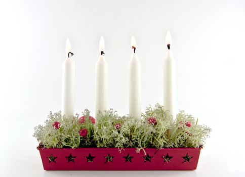 four white advent candles embedded in moss burning 