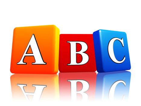 3d colorful cubes with letters abc with reflection