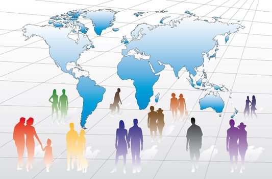businessmen, couples and individuals on a map with all countries of the world