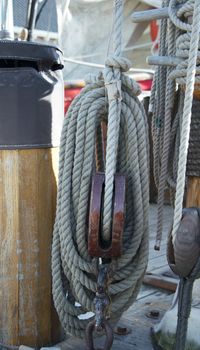 pulley with rope on sailing ship
