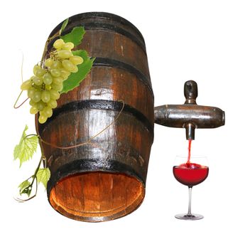 red wine flowing from a barrel with a bunch of grapes and a glass of wine