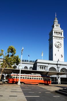 San Francisco Trolley Car moves through the street 