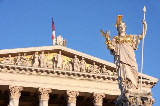 The Austrian Parliament and statue of Pallas Athena in Vienna, Austria